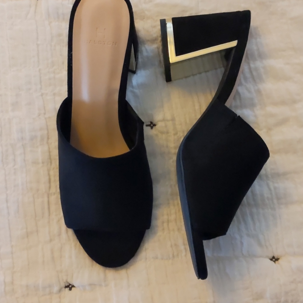 Halston vegan suede mules.